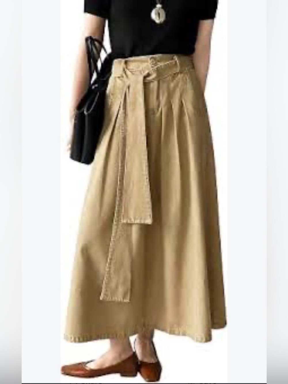 Casual High-Waist Khaki Maxi Skirt with Tie Belt
